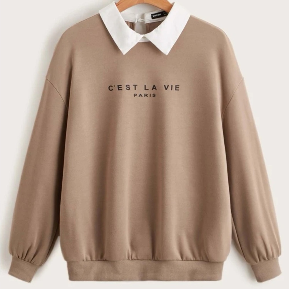 Cést La Vie Paris Tan & White Collared Long Sleeve Shirt by SHEIN - Size XS
